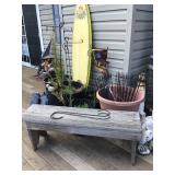 Bench, surf board, plant supports 