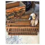 Chicken coop, wooden ducks, antique crate