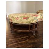 Round Rattan Statement Wicker Ottoman with Floral Cushions