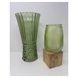 Mid-Century Olive & Chartreuse Pressed Glass Vase Pair