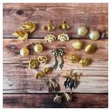 Vintage costume earrings in floral, pearl-style, gold-tone and colorful decorative designs.