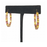 14K, Yellow Gold Multicolor Pink & Yellow Gemstone Hoop Earrings