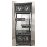Tall Asian Black Lacquer Étagère Cabinet Mother Of Pearl Inlay	