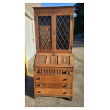Antique Tudor Oak Leaded Glass Bookcase Secretary