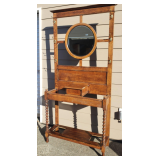 Antique Oak Hall Tree with Mirror and Hooks