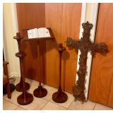Handcrafted lectern, candle stands, cast iron antique cross