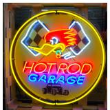 Hot Rod Garage Neon Sign - Yellow, Red and Blue Neon, Checkered Flags, Vintage Style Man Cave