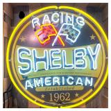 Shelby Racing Neon Sign - Yellow and White Neon, Checkered Flags, Vintage Style Muscle Car Sign