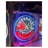 Corvette Neon Sign - Blue, Red and White Neon, Crossed Flags, Vintage Style Chevy Garage Sign
