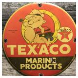 Texaco Marine Popeye Sign - Orange and Red, Cartoon, Vintage Style Porcelain Boat Marina Sign