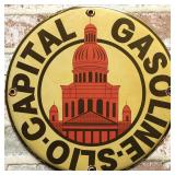 Capital Gasoline Porcelain Sign - Red and Cream, Capitol Dome, Vintage Style Gas Station Sign