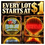 Shelby Racing Neon Sign and Shell Neon Sign - Yellow and Black, Red and Yellow Neon, Checkered Flags, Scallop Shell, Vintage Style Racing and Gas Station Signs, $1 Auction