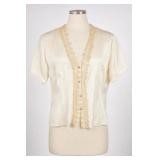 Cream Satin-Finish Lace-Trim Blouse