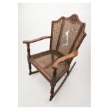 Vintage Carved Wood & Cane Rocking Chair