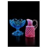Blue Glass Bowl & Fenton Pink Small Pitcher