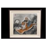 East Asian Bodhidharma Tiger Watercolor Painting