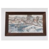 Framed Harbor And Village Landscape Artwork