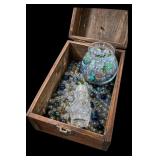 Glass Marbles & Containers In Wood Box
