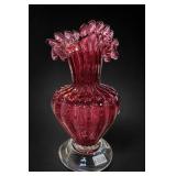 Murano Glass Vertical-Ribbed Ruffled-Rim Vase