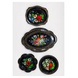 Black Floral-Painted Trays And Plates