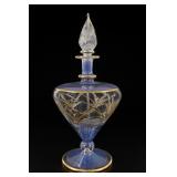 Blue Glass Etched Floral Perfume Bottle, Gold