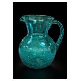 Teal Crackle Glass Handblown Pitcher