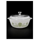 Pyrex Green Floral Milk Glass Covered Casserole