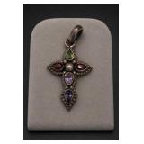 Sterling Silver Multi-Gemstone Cross Pendant