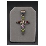 Sterling Silver Multicolor Gemstone Cross Pendant