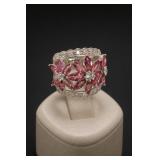 Sterling Silver Pink Cubic Zirconia Floral Ring