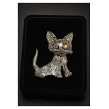 Vintage Silver-Tone Rhinestone Cat Brooch