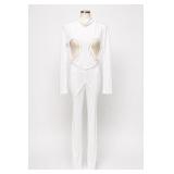 White Long-Sleeve Cutout Unitard Jumpsuit