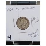 1931-D Mercury Dime, VF-XF, Silver