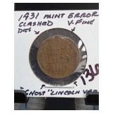 1931 Lincoln Wheat Cent, V. Fine, Clashed Dies