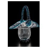 Hand Blown Clear & Teal Optic Glass Basket