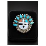 Sterling Silver Zuni Sunface Turquoise Brooch Pin