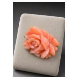 Carved Coral Rose Brooch Pin