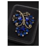 Blue Rhinestone Floral Spray Brooch
