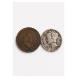 1942-D Mercury Dime, 1902 Indian Head Cent Group