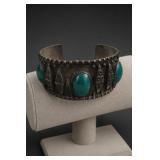 Vtg Egyptian Art Deco Green Panel Cuff Bracelet