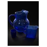 Cobalt Blue Glass Pitcher, Creamer & Tumbler Set