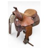 Brown Leather Floral Tooled Western Saddle w Stand