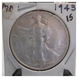 1943 Walking Liberty Half Dollar, AU-BU, Silver