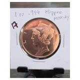 1 Oz .999 Fine Copper Mercury Round