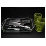 Kitchen Knives & Green Glass Goblets