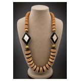 Wooden Bead Necklace With Geometric Pendants