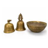 Chinese Brass Engraved Bells & Bowl Set Chinese Brass Engraved Bells & Bowl Set