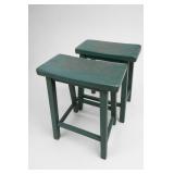 Green Painted Wood Stools, Pair Green Painted Wood Stools, Pair