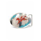 Handmade Turquoise & Coral Inlay Horse Belt Buckle Handmade Turquoise & Coral Inlay Horse Belt Buckle