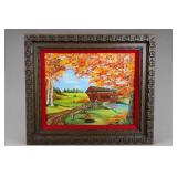 Framed Autumn Covered Bridge Landscape Painting Framed Autumn Covered Bridge Landscape Painting